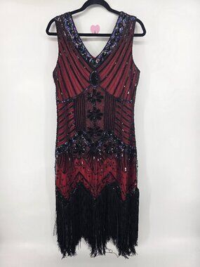 Black Red Sequin Beaded Flapper Dress Size L Fringe Gatsby Cocktail